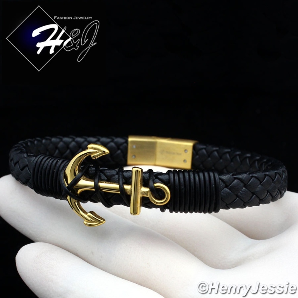 8.25"Black/Gold Anchor Braided Leather Bracelet*87